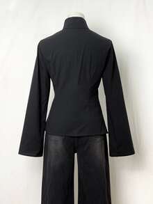 Elamini Women Black Fall Winter Classy Tea Party Jacket,Vintage Chinese Mandarin Collar Button Asymmetrical Hem Long Sleeve Linen Fabric Outerwear - Black - View 2