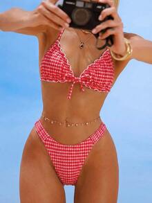 SHEIN Swim Textured Fabric Ruched Front Tie Bow Waist Pleated Cute Sweet Fashion Lively Party 2-Piece Bikini Set Set - Red - View 1