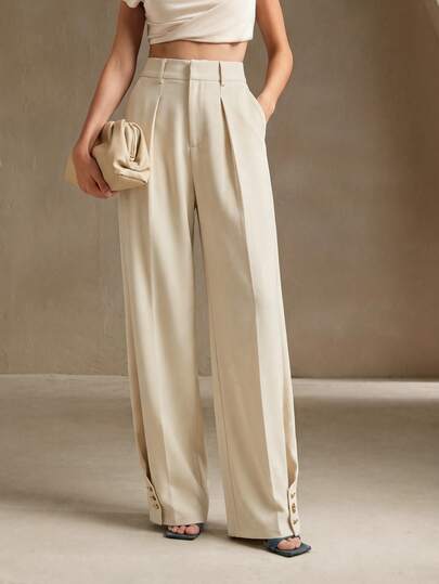 Anewsta Pantalones de vestir de mujer de cintura alta con pliegues y corte cónico en color beige, estilo retro moderno con botones decorativos, para uso en la oficina