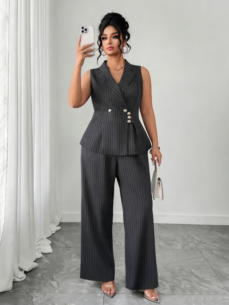 Elenzga Plus Size Women's Commuter Minimalist Versatile Striped Vest & Long Pants 2 Pieces Set - Dark Grey - View 7