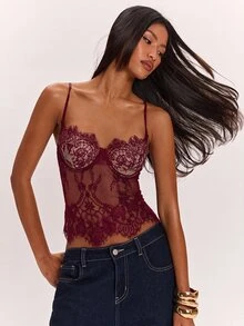 SHEIN BAE 女款蕾絲性感短版時尚細肩帶背心上衣 - 酒紅色 - 查看 5