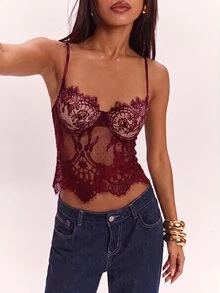 SHEIN BAE 女款蕾絲性感短版時尚細肩帶背心上衣 - 酒紅色 - 查看 1