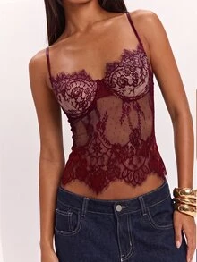 SHEIN BAE 女款蕾絲性感短版時尚細肩帶背心上衣 - 酒紅色 - 查看 8
