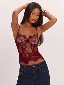 SHEIN BAE 女款蕾絲性感短版時尚細肩帶背心上衣 - 酒紅色 - 查看 6
