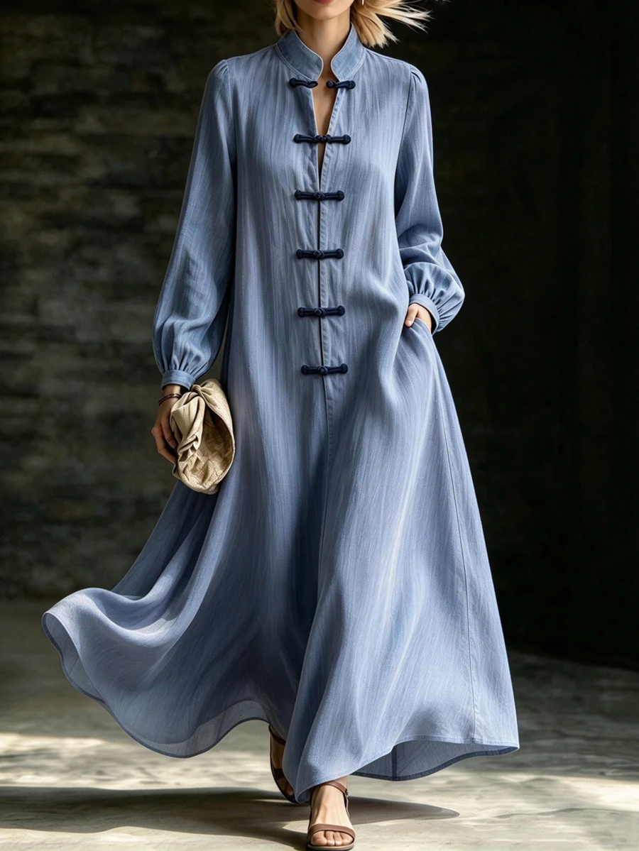 SHEIN Spring New Chinese Style Stand Collar Loose Fit Frog Button Commuter Daily Holiday Women's Dress - Blue - View 1