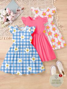 SHEIN Elladie kids 3pcs/Set Young Girls Floral Plaid Print Flutter Sleeve A-Line Dress, Sweet Cute, Suitable For Outdoor Wear In Summer White - Multicolor - View 1