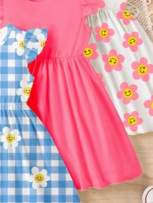 SHEIN Elladie kids 3pcs/Set Young Girls Floral Plaid Print Flutter Sleeve A-Line Dress, Sweet Cute, Suitable For Outdoor Wear In Summer White - Multicolor - View 4