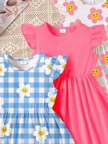 SHEIN Elladie kids 3pcs/Set Young Girls Floral Plaid Print Flutter Sleeve A-Line Dress, Sweet Cute, Suitable For Outdoor Wear In Summer White - Multicolor - View 3