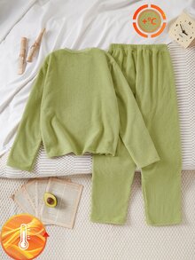 Teen Girls Green Minimalist Fashionable Avocado Pattern Long Pants & Long Sleeve 2 Pieces Set Loungewear - Green - View 2