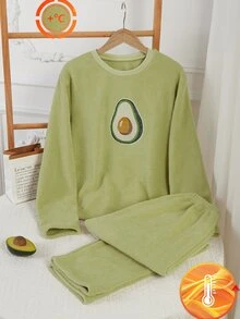 Teen Girls Green Minimalist Fashionable Avocado Pattern Long Pants & Long Sleeve 2 Pieces Set Loungewear - Green - View 5