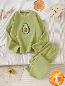 Teen Girls Green Minimalist Fashionable Avocado Pattern Long Pants & Long Sleeve 2 Pieces Set Loungewear - Green - View 1