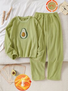 Teen Girls Green Minimalist Fashionable Avocado Pattern Long Pants & Long Sleeve 2 Pieces Set Loungewear - Green - View 4