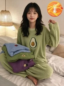 Teen Girls Green Minimalist Fashionable Avocado Pattern Long Pants & Long Sleeve 2 Pieces Set Loungewear - Green - View 8