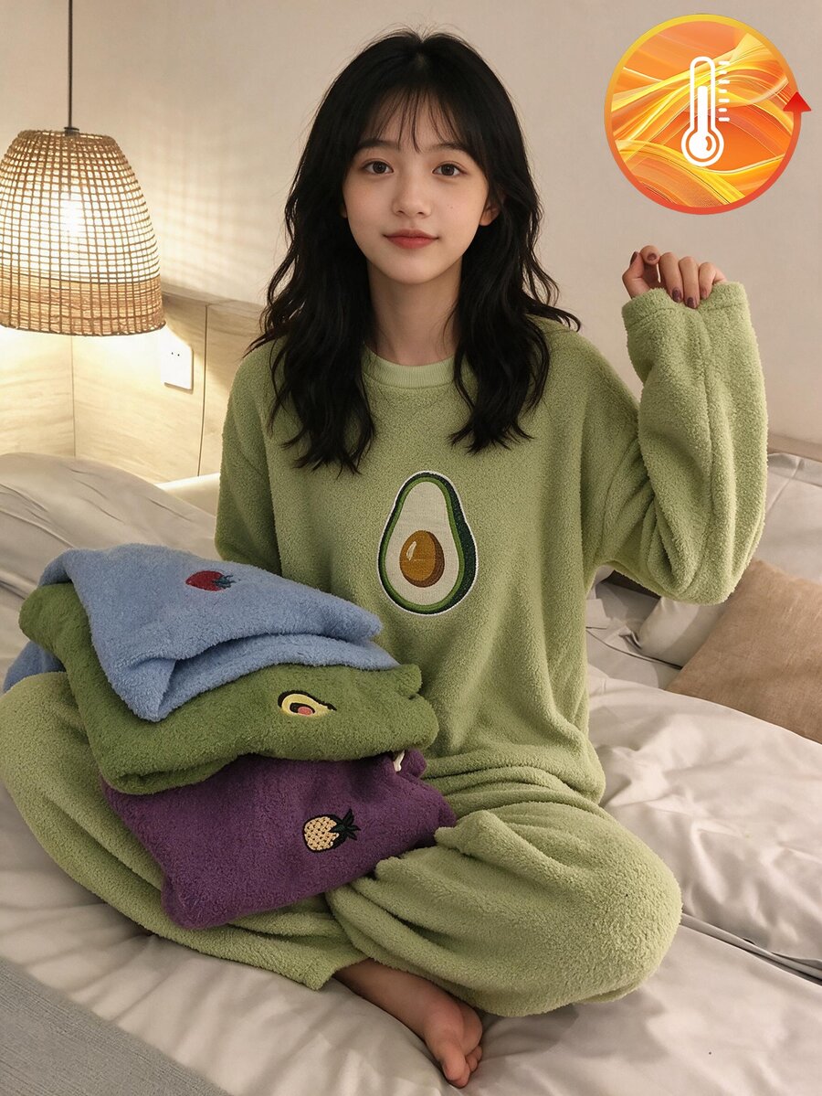 青少年女孩綠色簡約可愛寬鬆時尚酪梨圖案長褲長袖兩件套居家服正式舞會秋冬款 - 綠色 - 查看 1