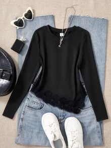 SHEIN Sparklyn 3pcs Tween Girl Tween Girl T-Shirts Round Neck Long Sleeve Slim Fit Bow Pattern Tops Casual Elegant Everyday Autumn School Black - Black - View 3