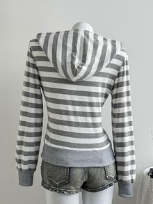 Elamini 灰黑条纹长袖宽松罗纹拉链卫衣，女士款，优雅可爱，适合上学、毕业典礼、休闲、运动、秋冬季日常穿着。 - 灰色 - 查看 2