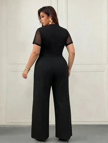 Femmeverse Plus Size Women's Fashion Elegant Round Neck Mesh Patchwork Short Sleeve, Waist Metal Buckle Decor Straight Leg Solid Color Jumpsuit, Suitable For Spring And Summer - Black - View 2