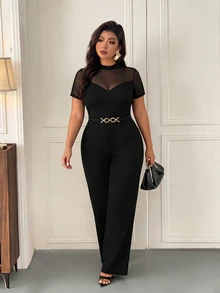 Femmeverse Plus Size Women's Fashion Elegant Round Neck Mesh Patchwork Short Sleeve, Waist Metal Buckle Decor Straight Leg Solid Color Jumpsuit, Suitable For Spring And Summer - Black - View 4