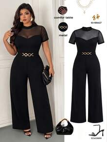 Femmeverse Plus Size Women's Fashion Elegant Round Neck Mesh Patchwork Short Sleeve, Waist Metal Buckle Decor Straight Leg Solid Color Jumpsuit, Suitable For Spring And Summer - Black - View 1
