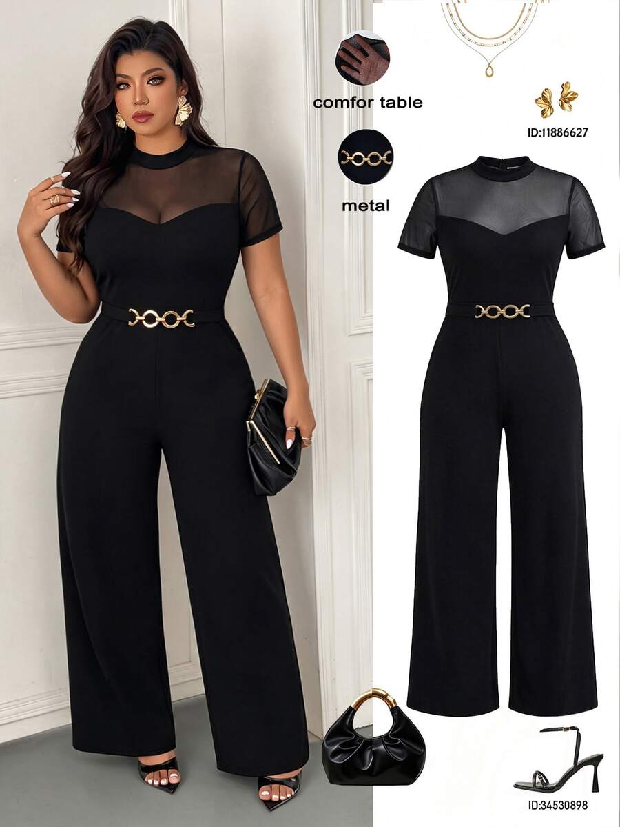 Femmeverse Plus Size Women's Fashion Elegant Round Neck Mesh Patchwork Short Sleeve, Waist Metal Buckle Decor Straight Leg Solid Color Jumpsuit, Suitable For Spring And Summer - Black - View 1