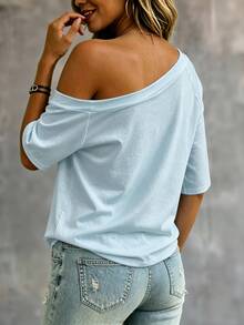 SHEIN LUNE White Asymmetrical Shoulder Casual Versatile Women's Short Sleeve T-Shirt - Blue - View 2