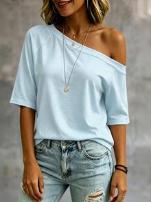 SHEIN LUNE White Asymmetrical Shoulder Casual Versatile Women's Short Sleeve T-Shirt - Blue - View 3