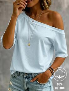 SHEIN LUNE White Asymmetrical Shoulder Casual Versatile Women's Short Sleeve T-Shirt - Blue - View 1