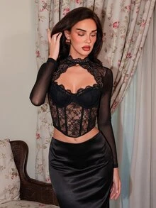 Allurite Women's Lace Cut-Out Design Contrast Mesh Long Sleeve Cropped Sexy Top - Black - View 1