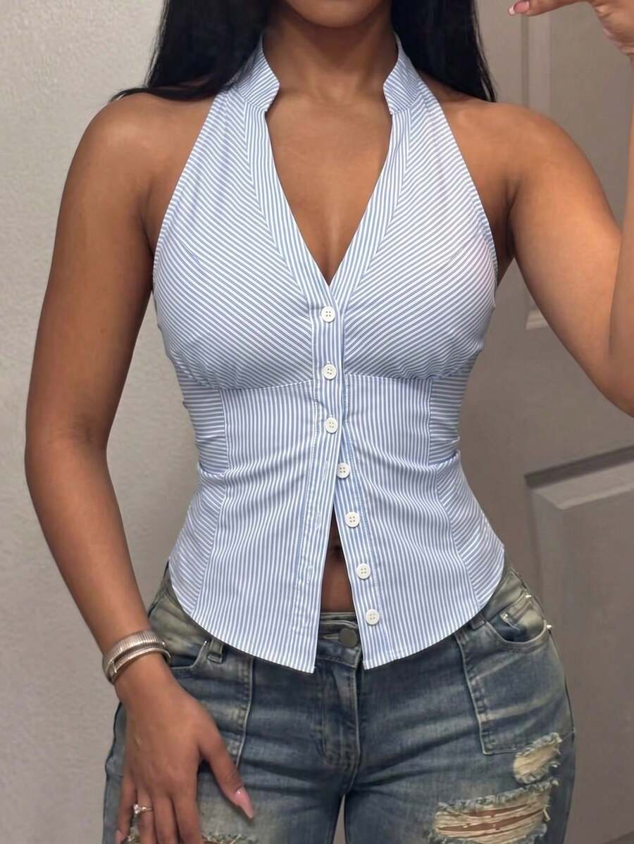 BamGleam Blue And White Stripe Halter Neck Shirt, Stand Collar ...