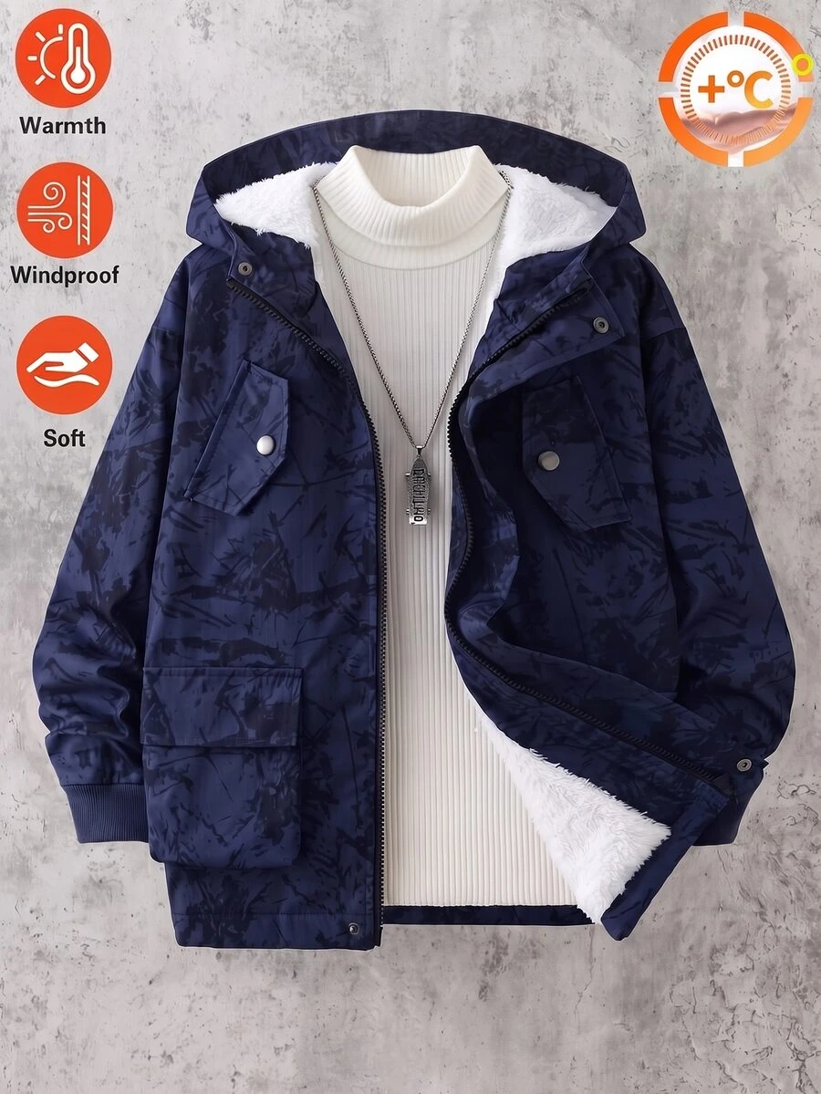 SHEIN 青少年男孩雪絨內裡連帽夾克 迷彩印花抓絨 秋冬外套 拉鍊保暖防風夾克 貨物口袋 童裝休閒外套 - 藏蓝色 - 查看 1