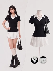 Elamini Women's Elegant Color Block Short Sleeve Work Dress, Summer - Black and White - View 3