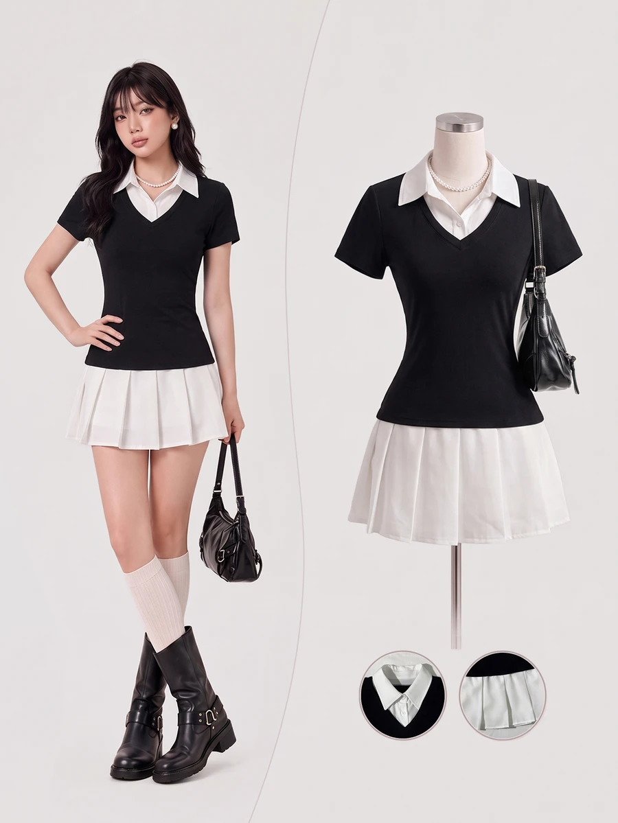 Elamini Women's Elegant Color Block Short Sleeve Work Dress, Summer - Black and White - View 1