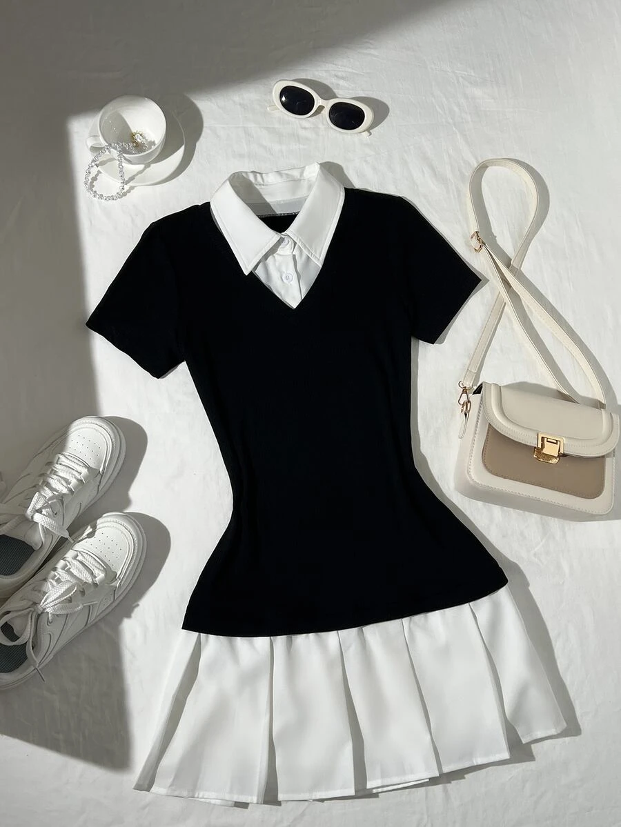 Elamini Women's Elegant Color Block Short Sleeve Work Dress, Summer - Black and White - View 1