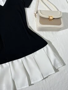 Elamini Women's Elegant Color Block Short Sleeve Work Dress, Summer - Black and White - View 6