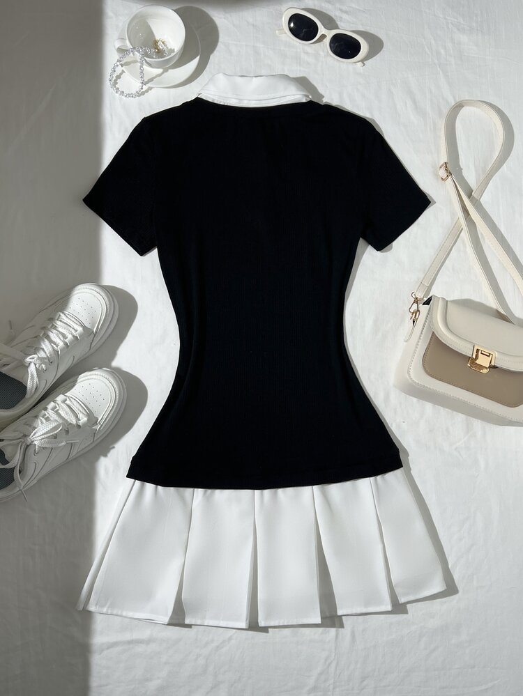 Elamini Women's Elegant Color Block Short Sleeve Work Dress, Summer - Black and White - View 2