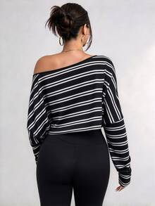 Elenzga Plus Size Women's Asymmetric Collar Long Sleeve Cropped Casual T-Shirt, Stripe Print, Autumn Fall - Multicolor - View 2