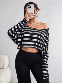 Elenzga Plus Size Women's Asymmetric Collar Long Sleeve Cropped Casual T-Shirt, Stripe Print, Autumn Fall - Multicolor - View 3