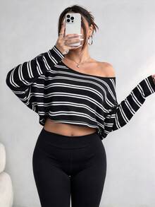 Elenzga Plus Size Women's Asymmetric Collar Long Sleeve Cropped Casual T-Shirt, Stripe Print, Autumn Fall - Multicolor - View 1