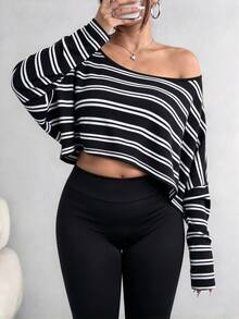 Elenzga Plus Size Women's Asymmetric Collar Long Sleeve Cropped Casual T-Shirt, Stripe Print, Autumn Fall - Multicolor - View 4