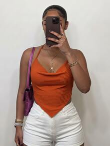 SHEIN SXY Women'S Solid Color Cowl Neck Halter Top - Orange - View 2