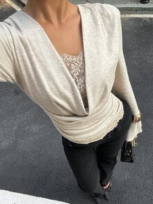 Siren Gaze Women's New Autumn/Winter Lace Trim Patchwork T-Shirt - Apricot - View 6