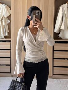 Siren Gaze Women's New Autumn/Winter Lace Trim Patchwork T-Shirt - Apricot - View 9
