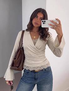 Siren Gaze Women's New Autumn/Winter Lace Trim Patchwork T-Shirt - Apricot - View 8