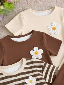 Young Girls 3pcs/Set Young Girl Casual Minimalist Cartoon Graphic Round Neck Short Sleeve Basic T-Shirt, Suitable For Spring And Summer - Multicolor - View 4