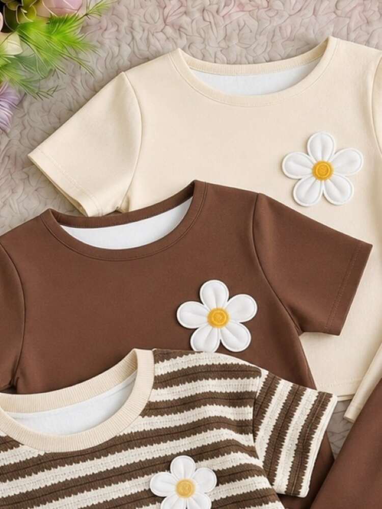 Young Girls 3pcs/Set Young Girl Casual Minimalist Cartoon Graphic Round Neck Short Sleeve Basic T-Shirt, Suitable For Spring And Summer - Multicolor - View 4