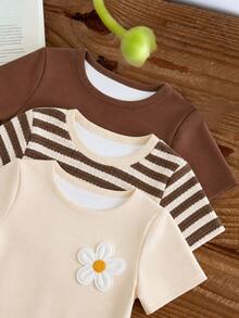 Young Girls 3pcs/Set Young Girl Casual Minimalist Cartoon Graphic Round Neck Short Sleeve Basic T-Shirt, Suitable For Spring And Summer - Multicolor - View 6