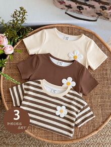 Young Girls 3pcs/Set Young Girl Casual Minimalist Cartoon Graphic Round Neck Short Sleeve Basic T-Shirt, Suitable For Spring And Summer - Multicolor - View 1