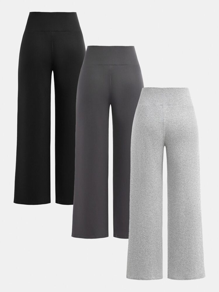 SHEIN 3pcs/Set Kids Tween Girl Autumn/Winter Knitted Black Dark Gray Light Gray High Waist Wide Waistband Slim Straight Leg Wide Leg - Multicolor - View 10