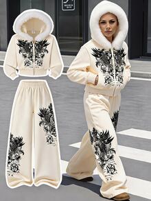 SHEIN Tween Girls Outerwear Co-Ords School Off Campus Black And White Y2k 80s School Student Autumn Family - Apricot - View 3