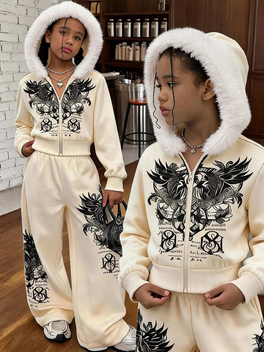 SHEIN Tween Girls Outerwear Co-Ords School Off Campus Black And White Y2k 80s School Student Autumn Family - Apricot - View 1